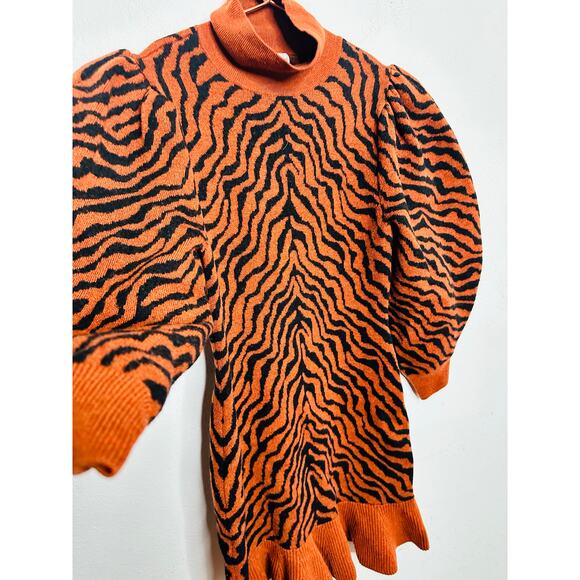 ULLA JOHNSON Red Black Zebra Printed 100% Merino Wool Puff Sleeves Joni Dress M - Picture 3 of 16